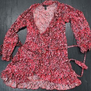 Aqua Long Sleeve Red and Black Patterned Dress